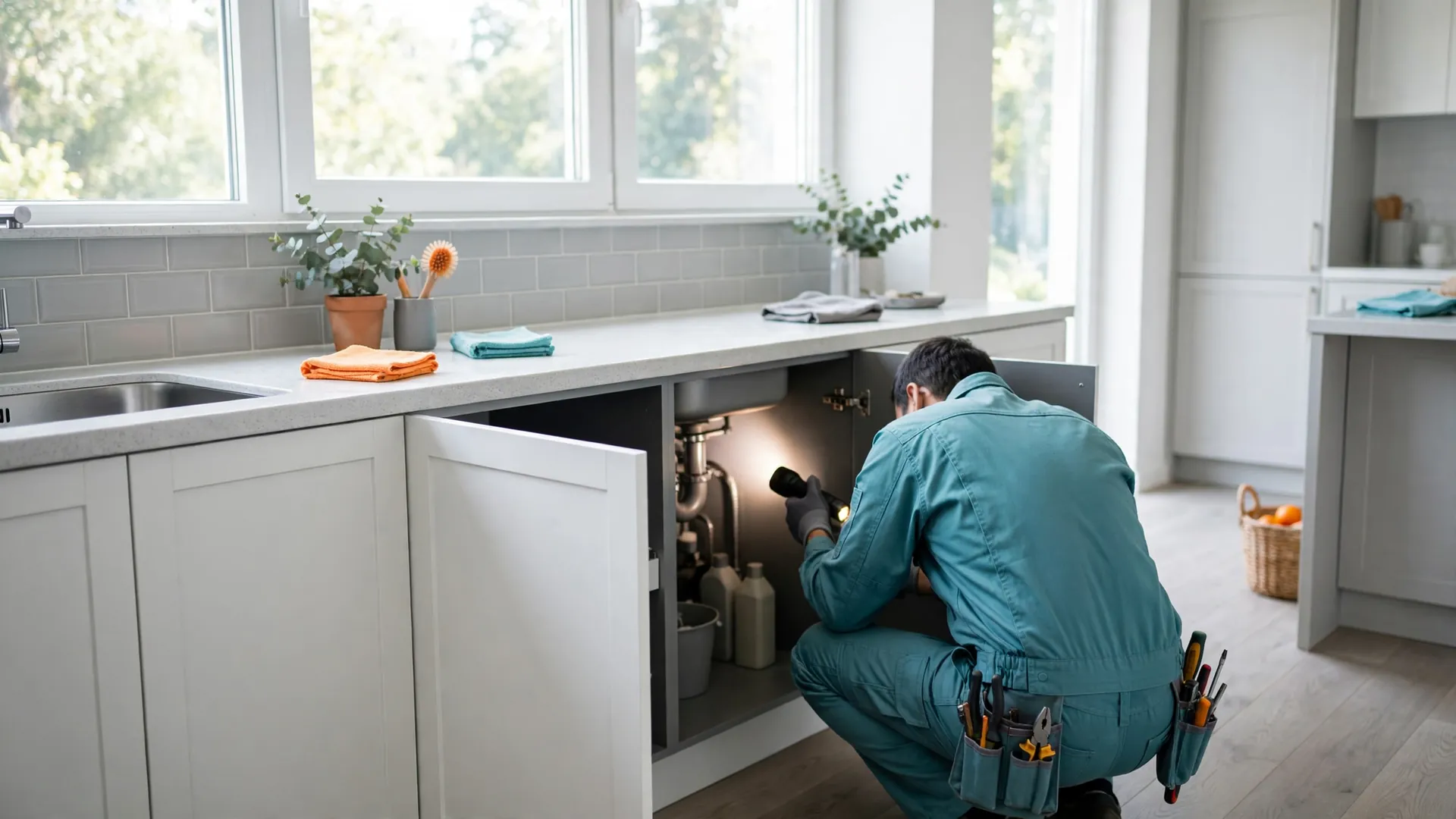 A technician inspecting a clean kitchen
