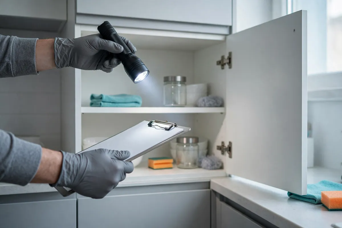 An inspection with a flashlight and clipboard