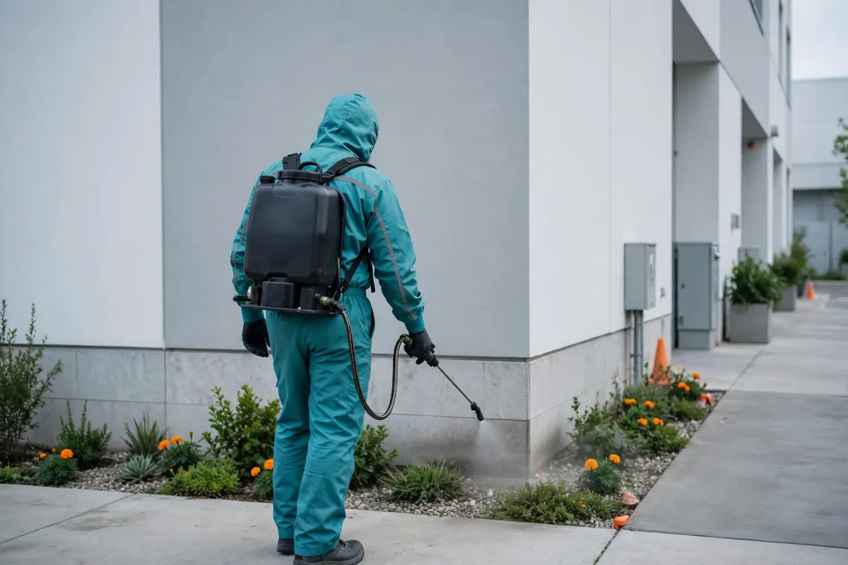 A technician treating the base of a wall