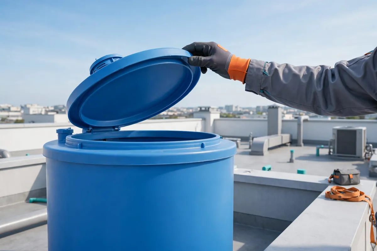 A rooftop water tank being opened