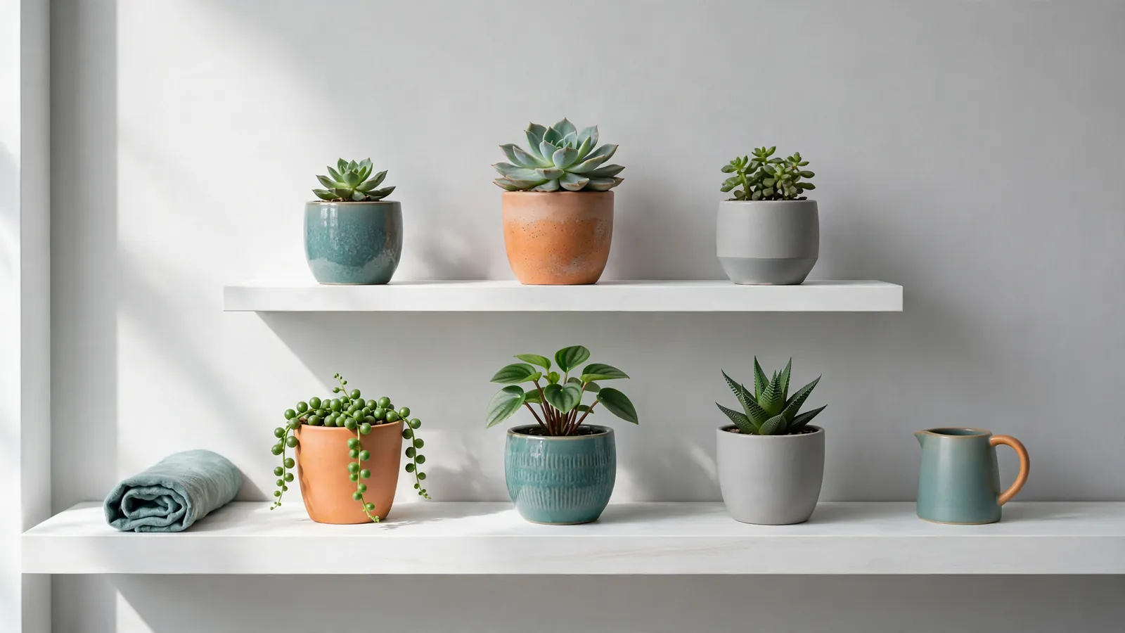 Six small plants on a shelf